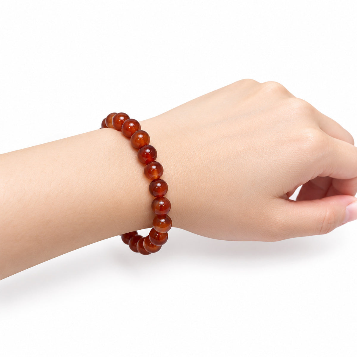 Carnelian Bead Bracelet — wrist side view