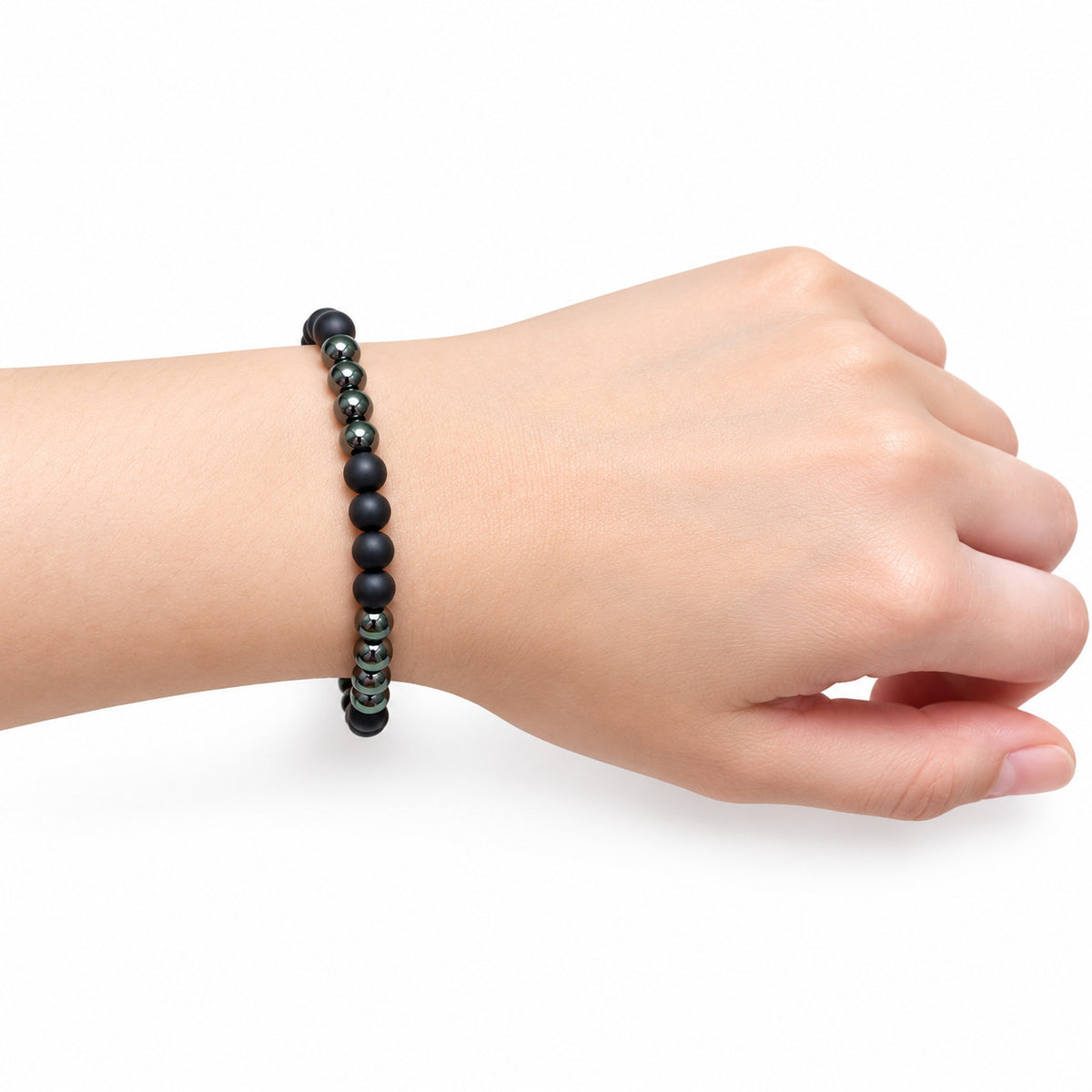 Fine Black Hematite Bracelet - Label Missing — wrist side view