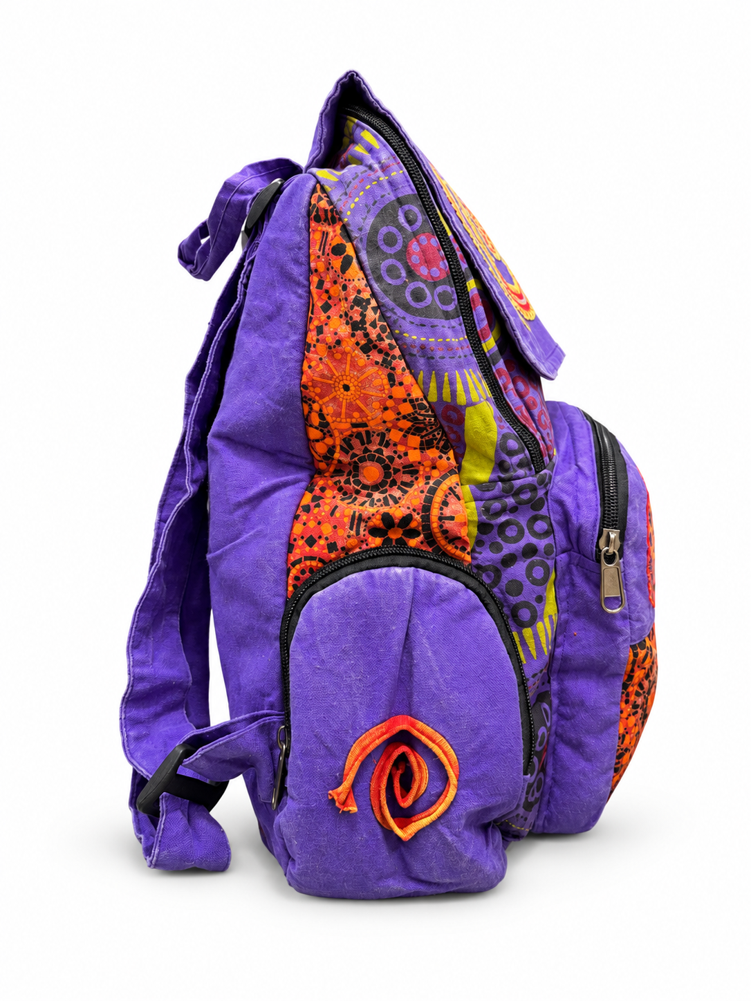 Purple Orange Spiral Patchwork Backpack — side view
