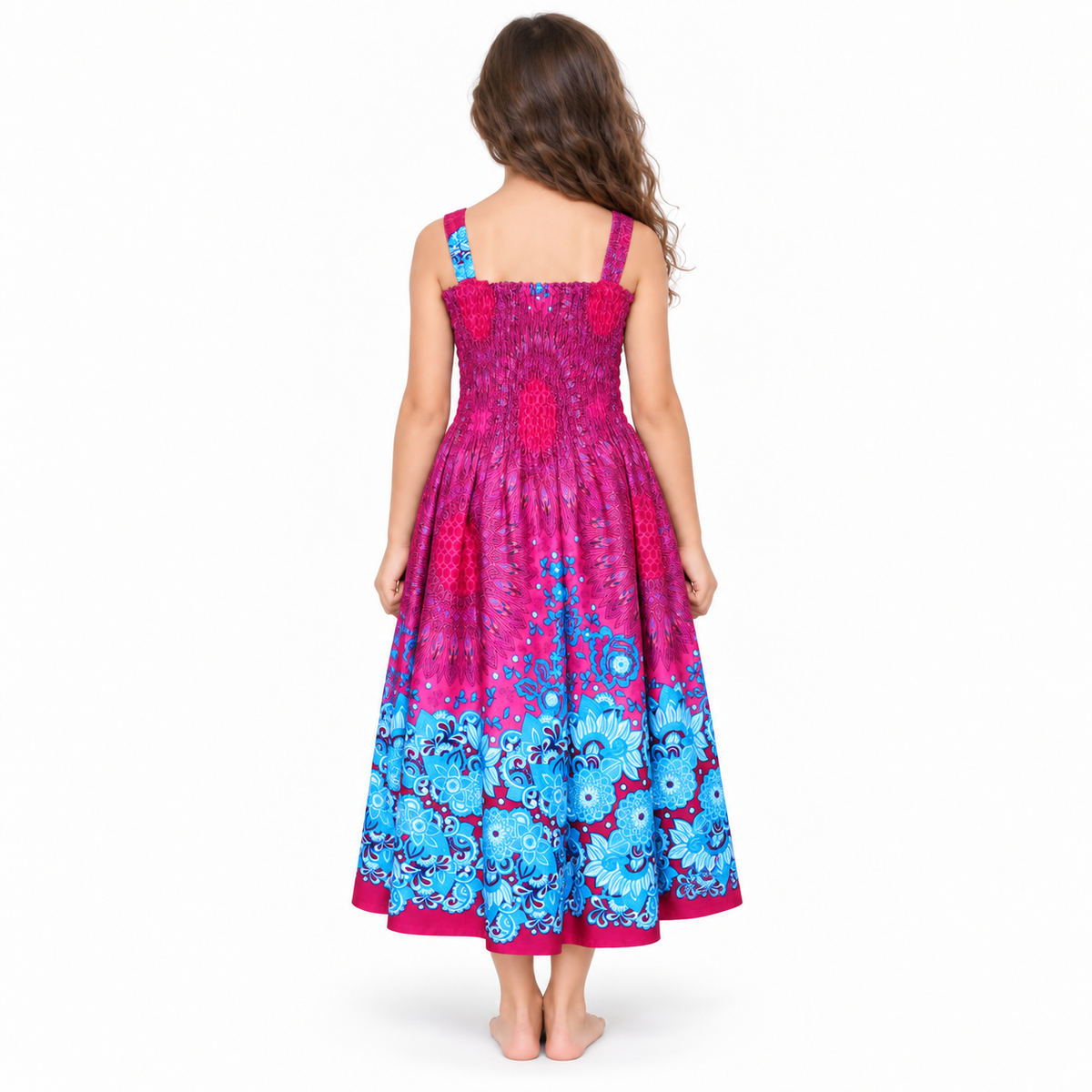 Magenta Blue Floral Border Smocked Dress - model back view
