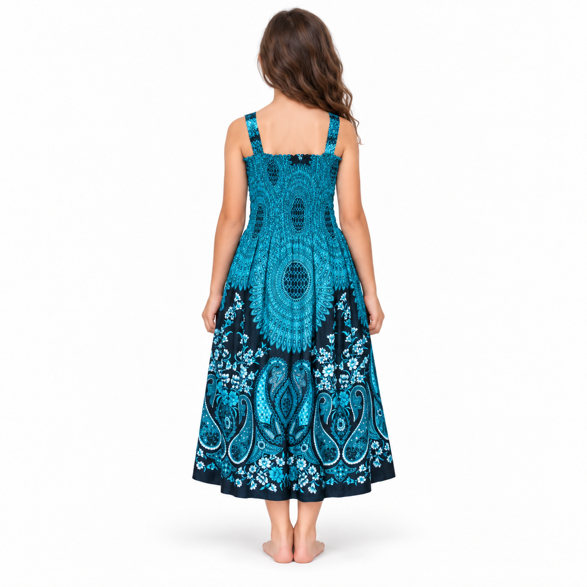 Turquoise and Black Paisley Smocked Dress - model back view