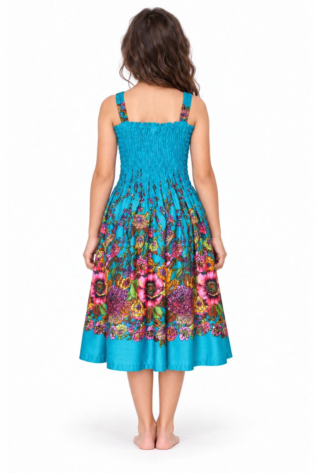 Turquoise Floral Border Smocked Dress - model back view
