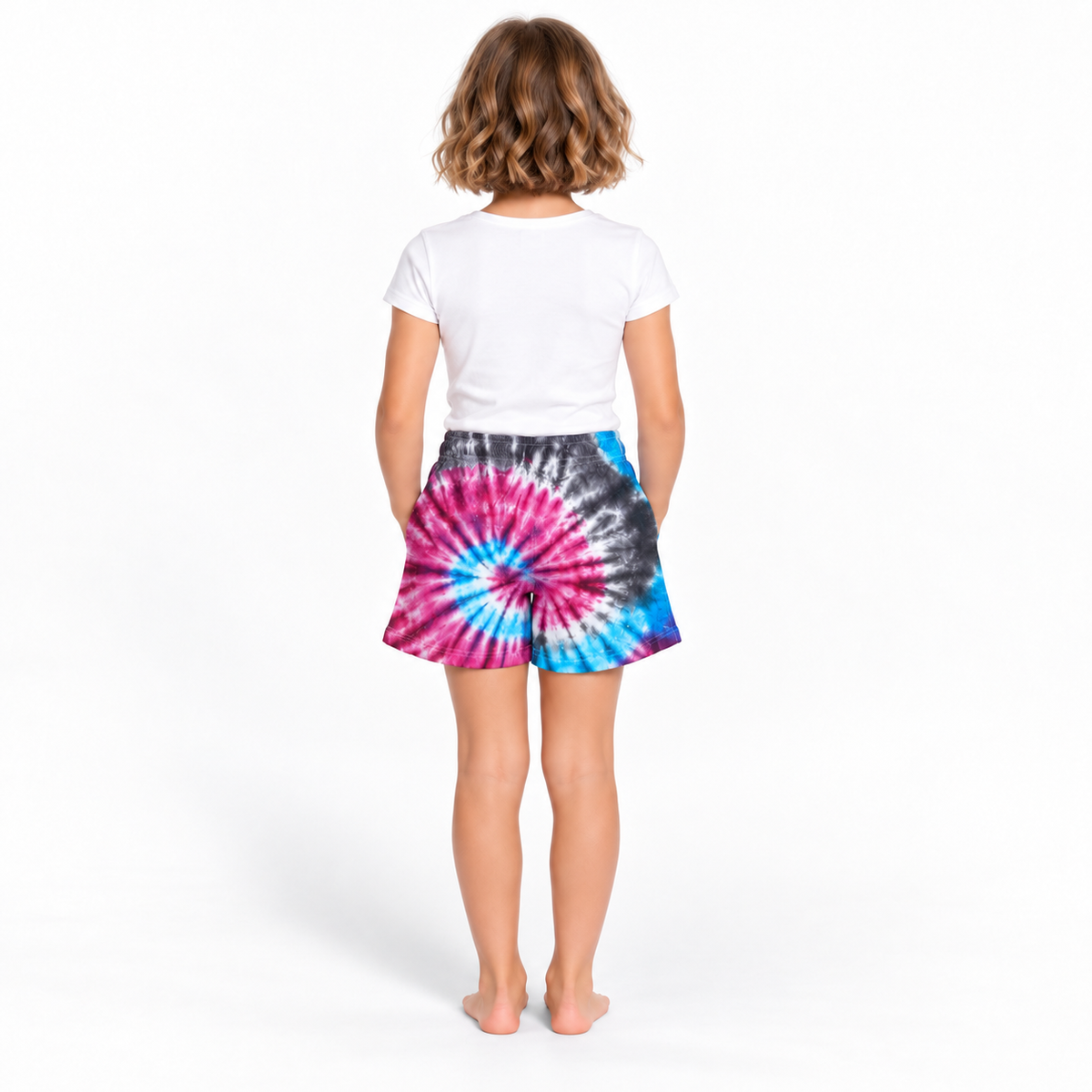 Magenta Blue Tie-Dye Shorts - model back view