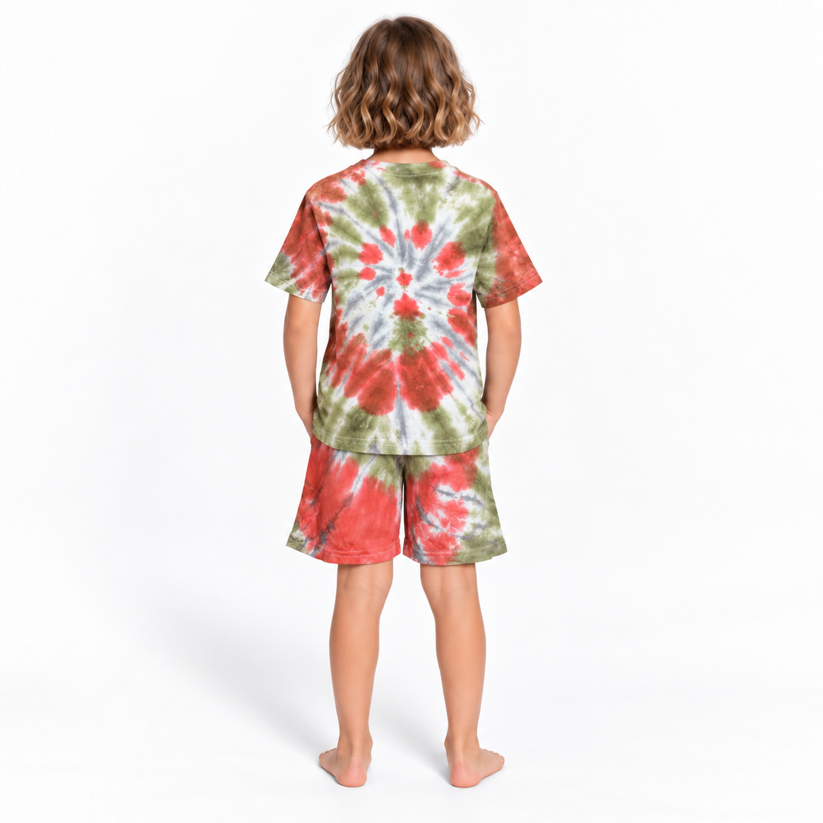 Orange Olive Tie-Dye Tee and Shorts Set - model back view