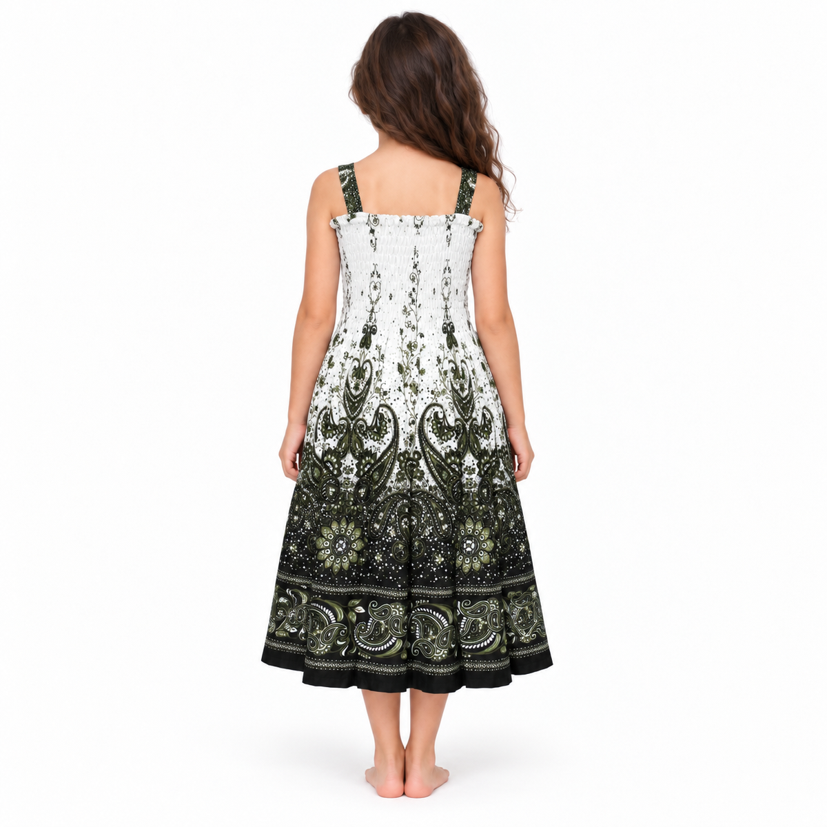 White and Black Paisley Smocked Dress - model back view