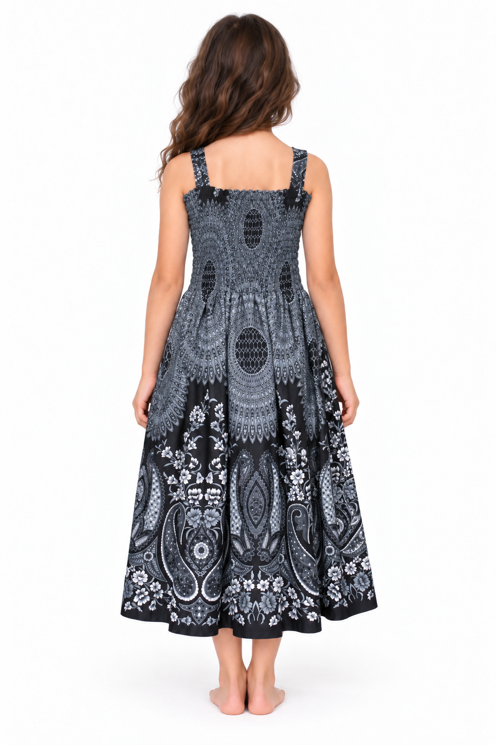 Black and White Paisley Smocked Dress - model back view
