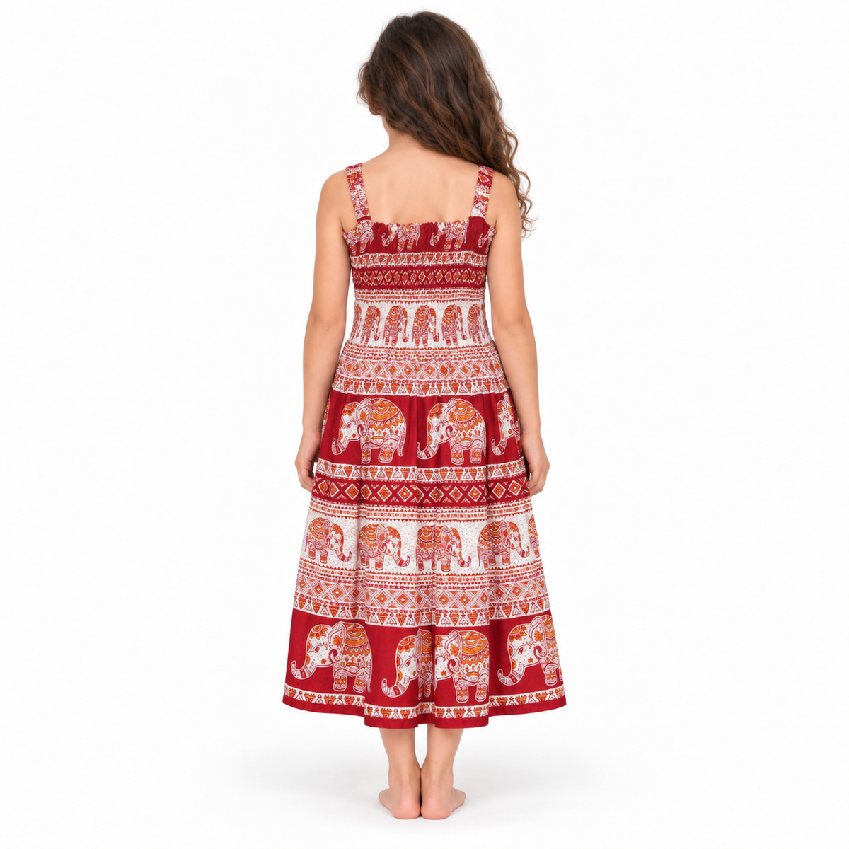 Red Elephant Print Smocked Dress - model back view