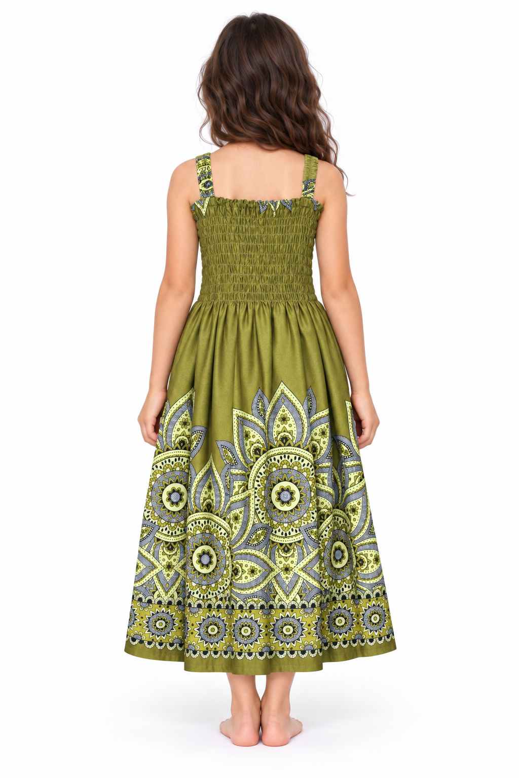 Olive Mandala Smocked Dress - model back view