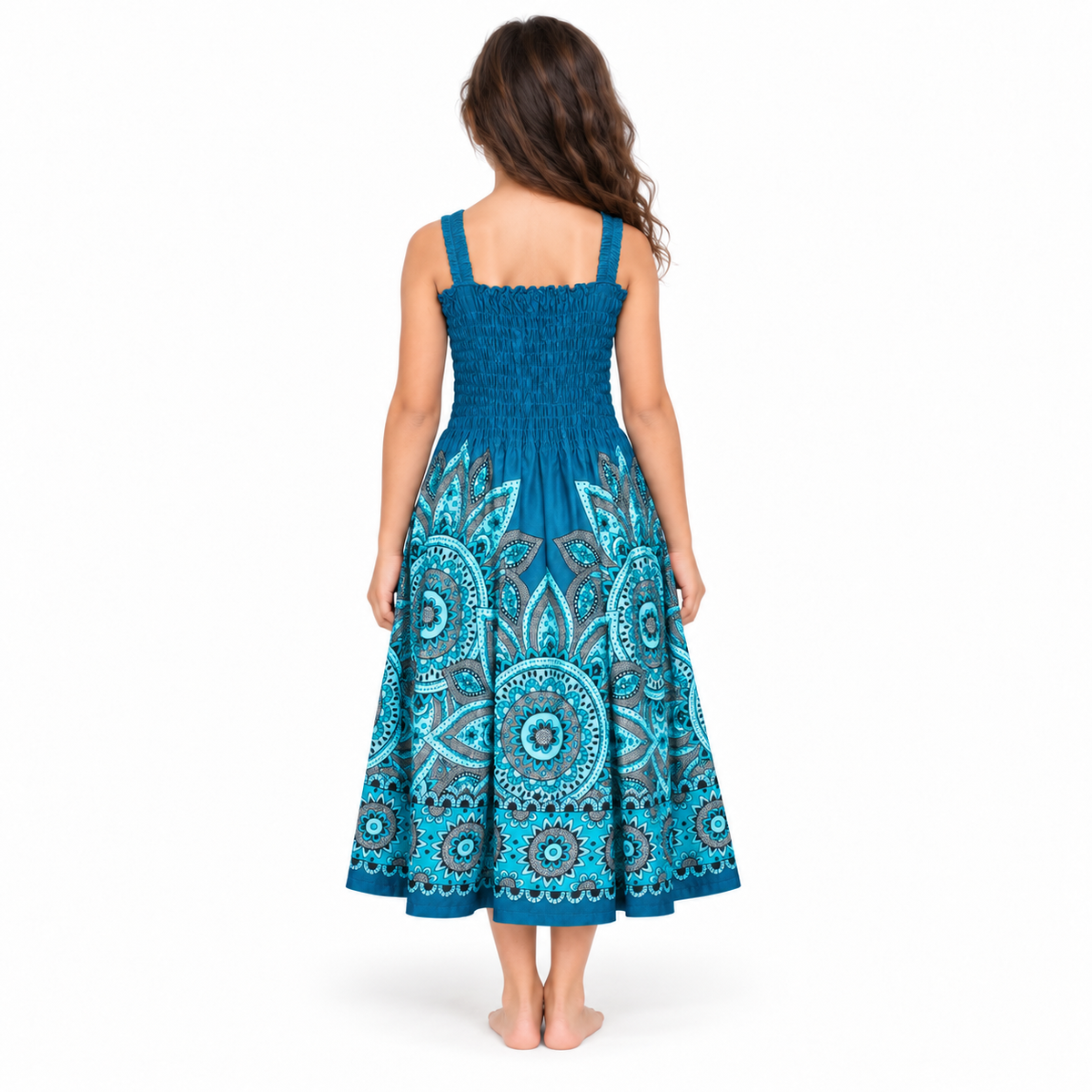 Ocean Blue Mandala Smocked Dress - model back view