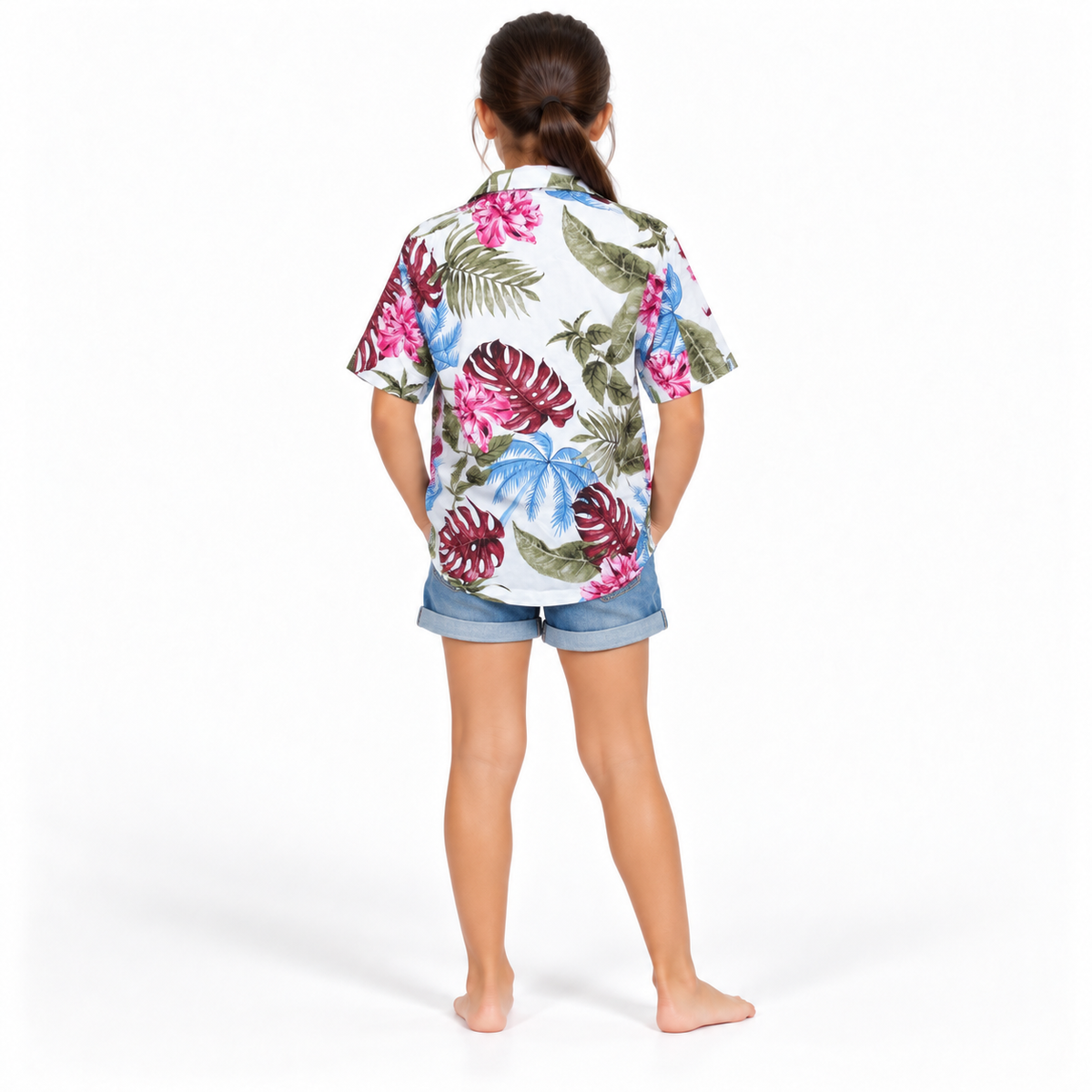White Pink Blue Tropical Leaves Shirt - model back view