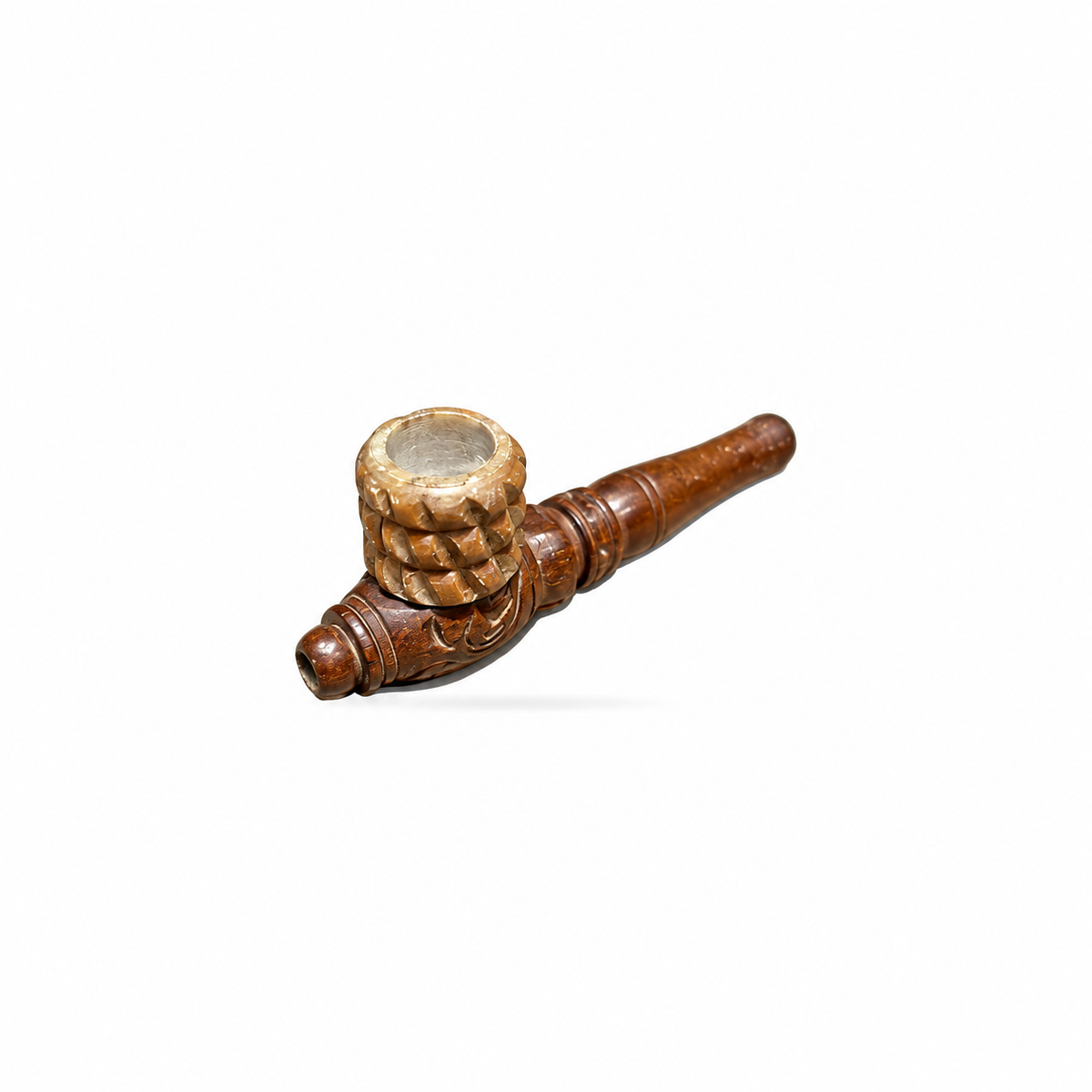 Handmade Indian Wooden Pipe with Basket-Carved Bowl - view 4