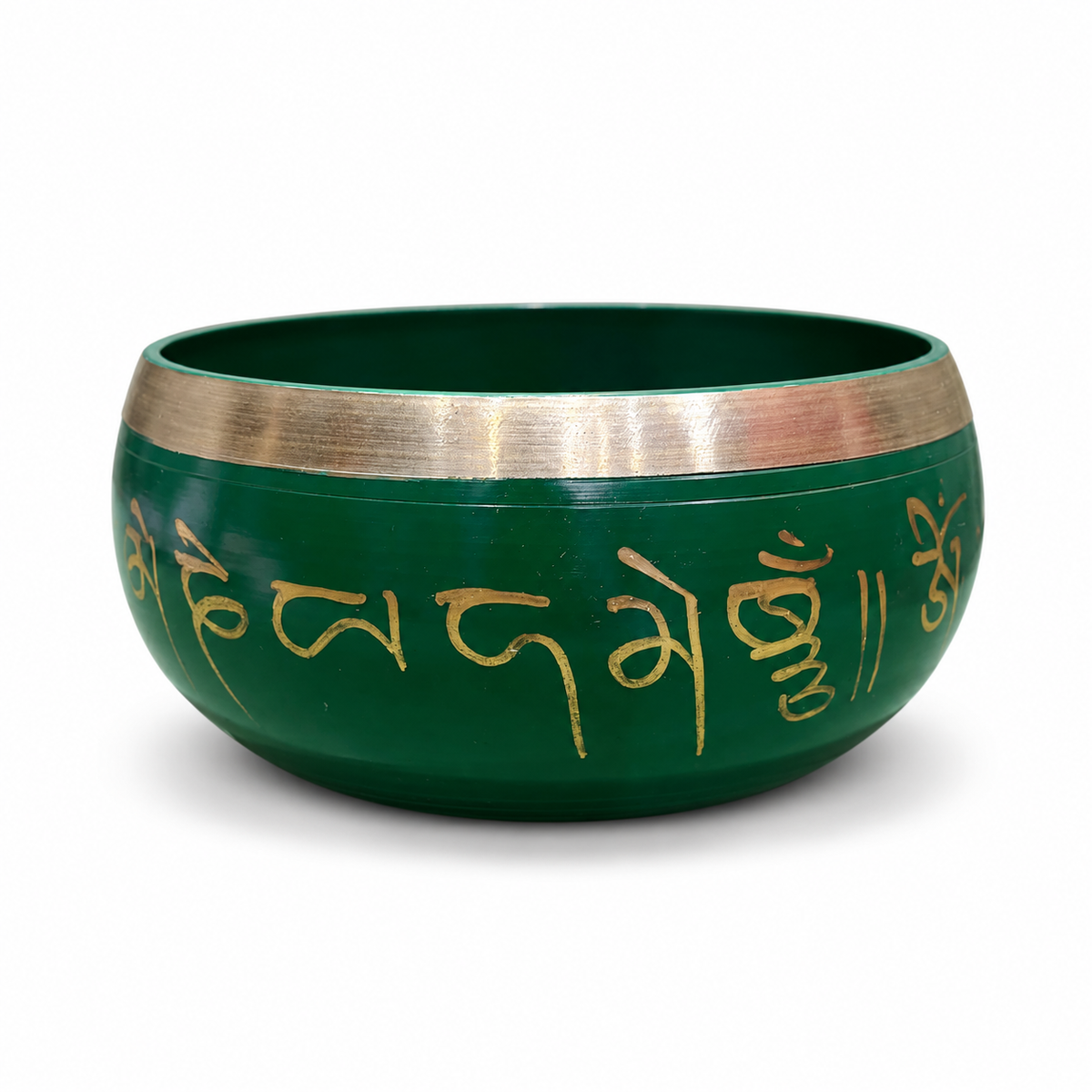 Green Mantra Singing Bowl with Red Mallet - side view