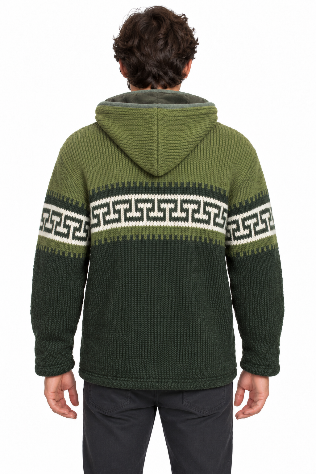 Olive Green Geometric Hooded Wool Jacket — model back view