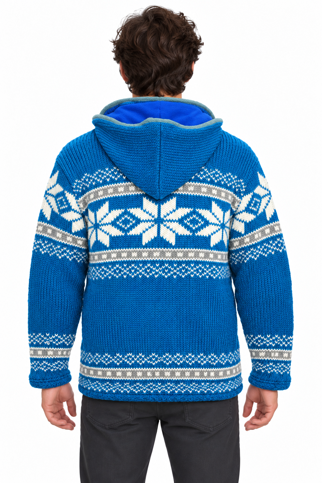 Blue & White Nordic Hooded Wool Jacket — model back view