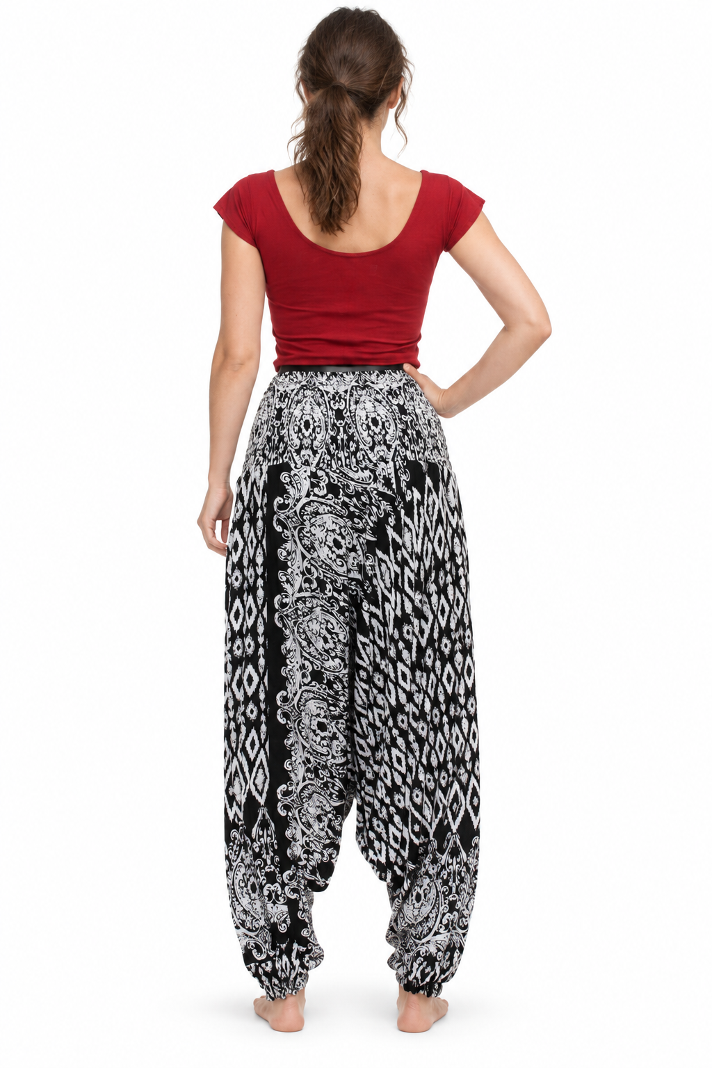 Black White Floral Harem Pants back view