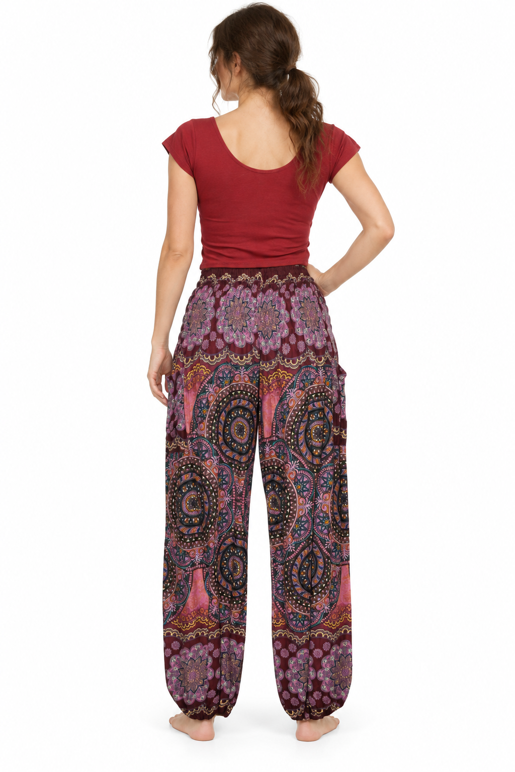 Burgundy Paisley Harem Pants back view