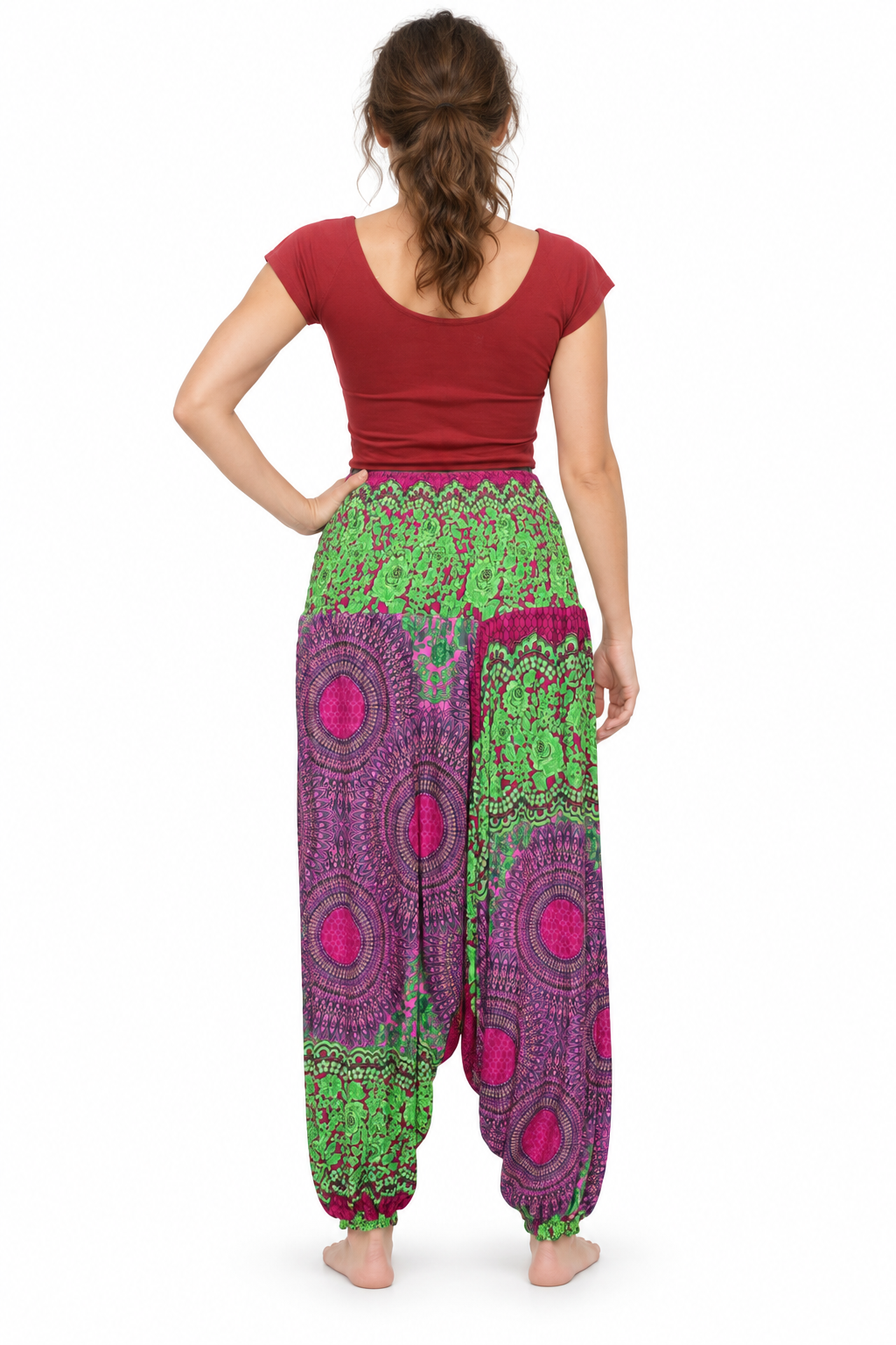 Green Pink Patchwork Harem Pants back view