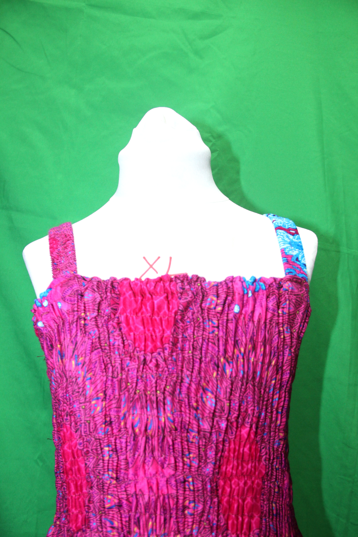 Magenta Blue Floral Border Smocked Dress - fabric and design detail