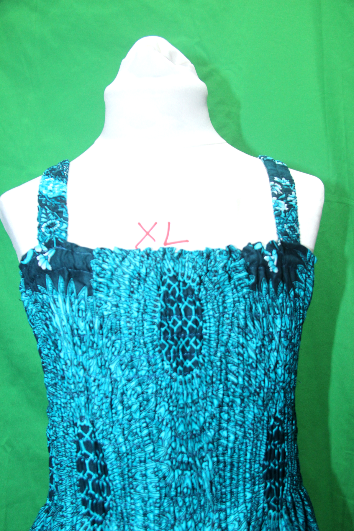 Turquoise and Black Paisley Smocked Dress - fabric and design detail