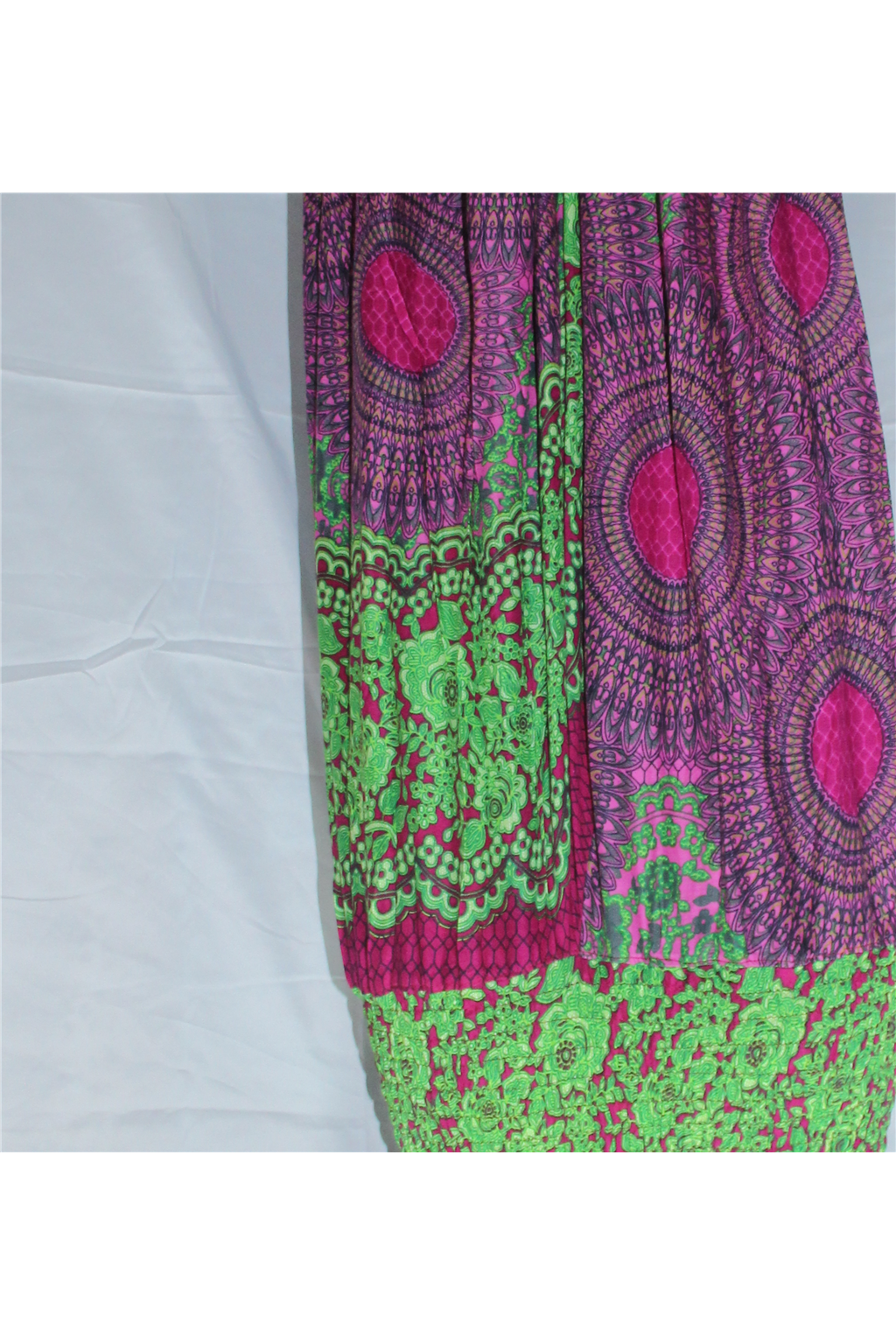 Green Pink Patchwork Harem Pants fabric detail