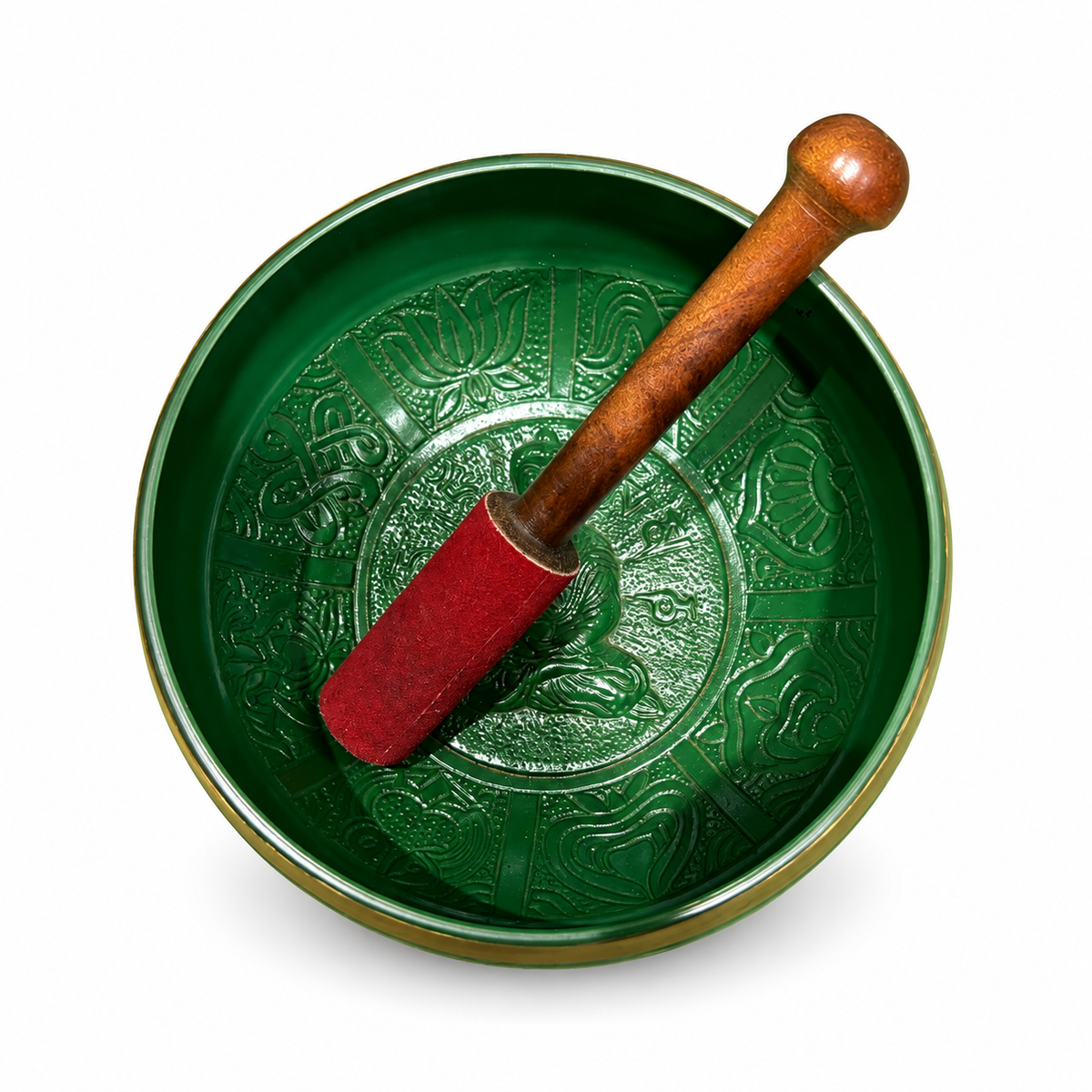 Green Mantra Singing Bowl with Red Mallet - interior detail with genuine red mallet