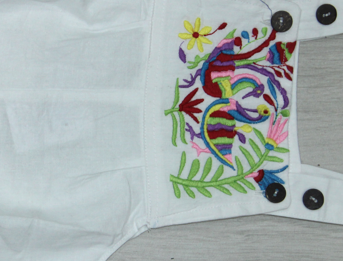 Colorful Love Birds Garden – Embroidered Cotton Romper – closeup