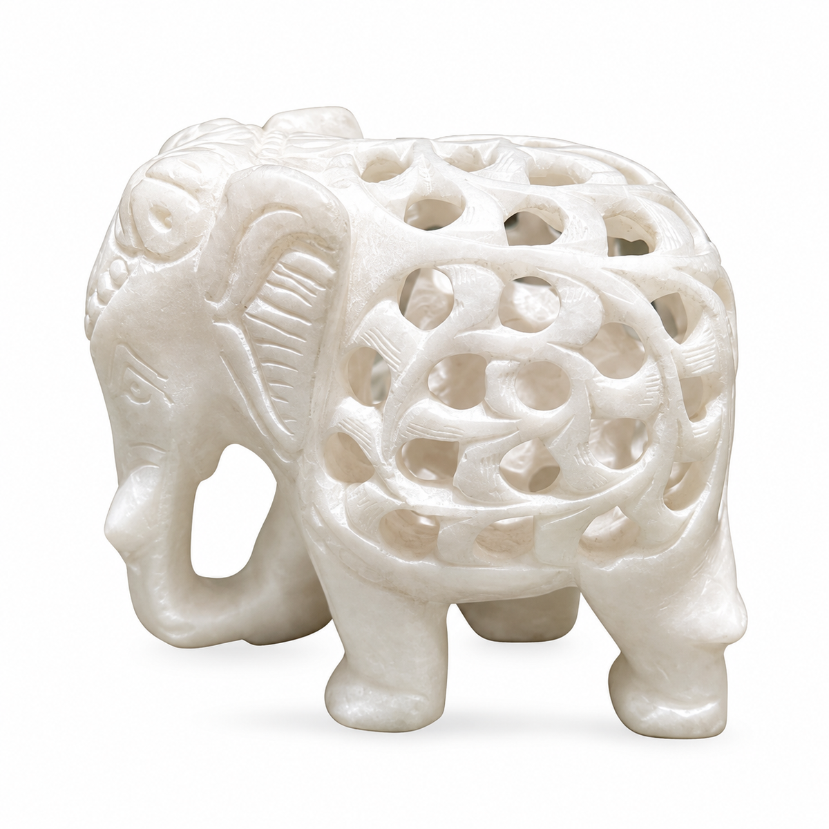 Indian Hand-Carved White Marble Elephant Within Elephant