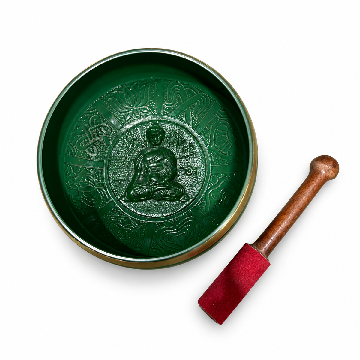 Green Mantra Singing Bowl with Red Mallet - interior detail and genuine red mallet