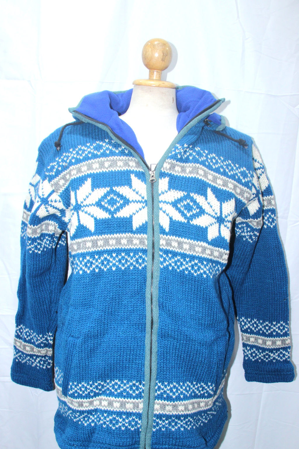 Blue & White Nordic Hooded Wool Jacket — original garment view