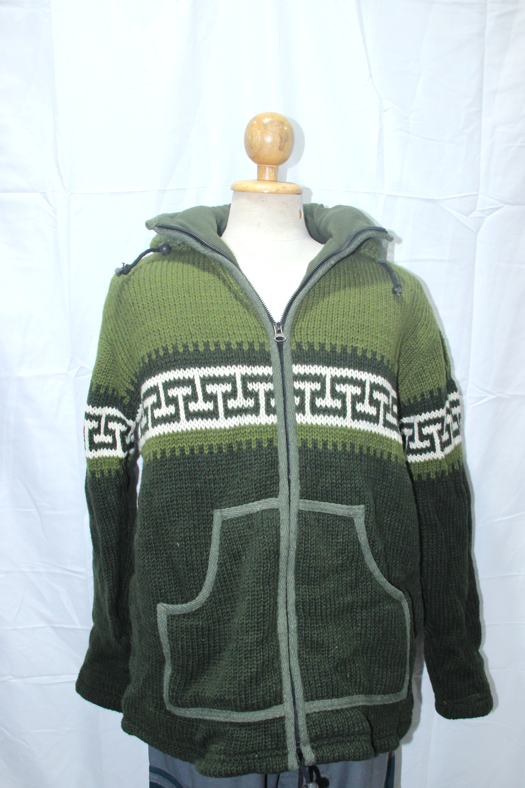 Olive Green Geometric Hooded Wool Jacket — original garment view