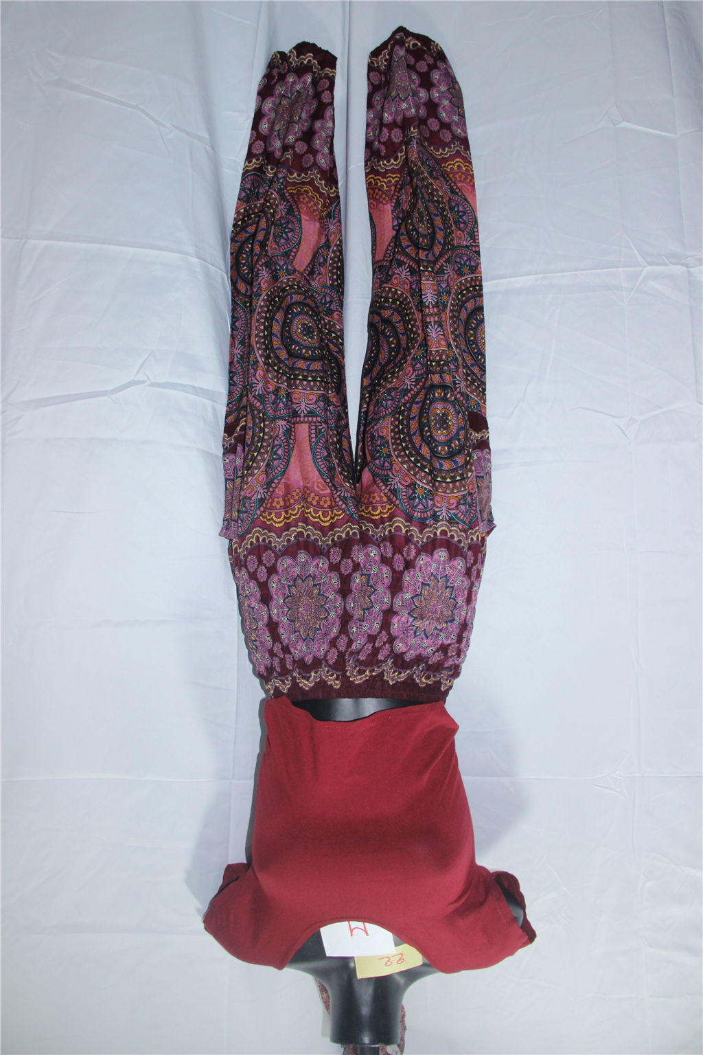 Burgundy Paisley Harem Pants full garment fit view