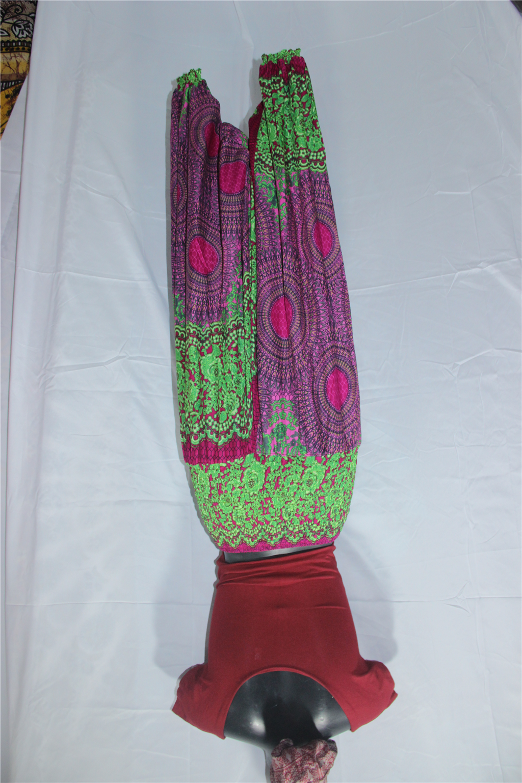 Green Pink Patchwork Harem Pants full garment fit view