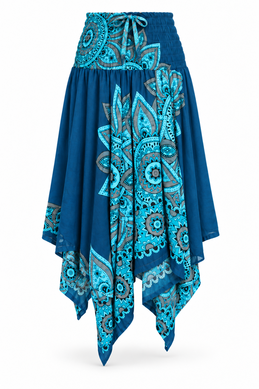 Ocean Peacock Mandala – Rayon Convertible Dress-Cum-Skirt – skirt ghost mannequin front view