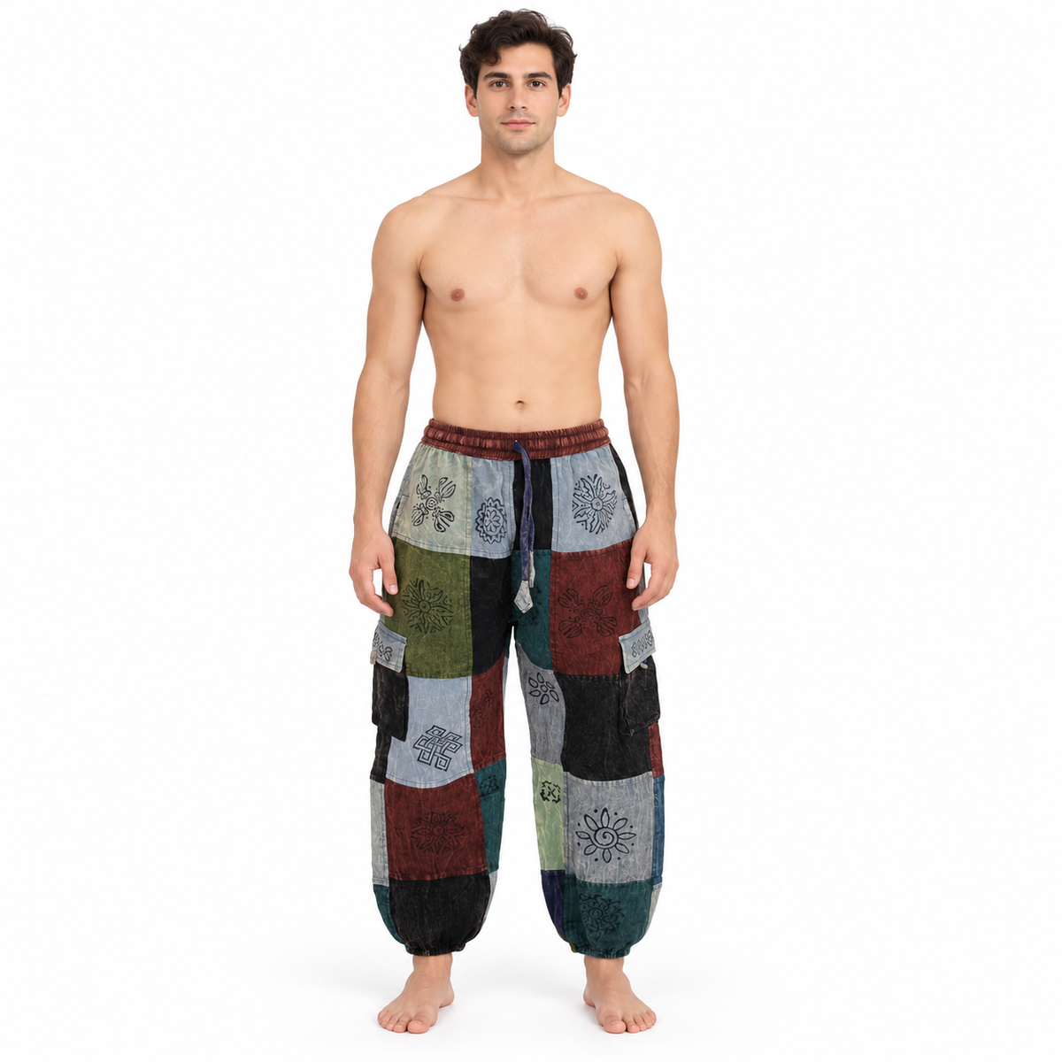 Multicolour Patchwork Harem Pants – front model view