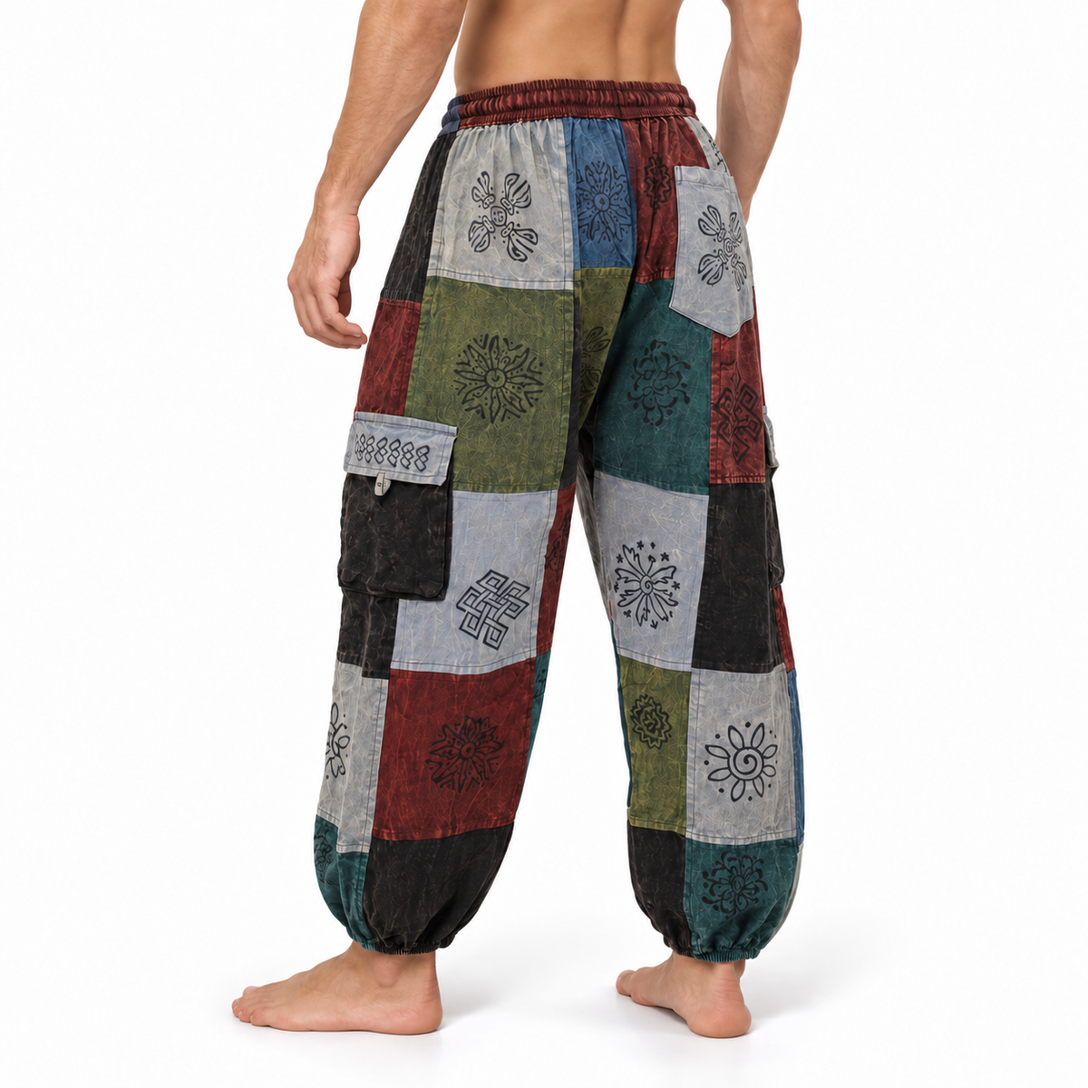 Multicolour Patchwork Harem Pants – three-quarter rear view with waist ties tucked away