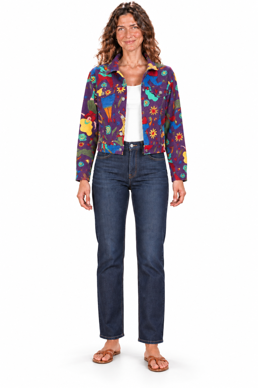 Cropped Corduroy Jacket - Purple Multicolour Abstract Print