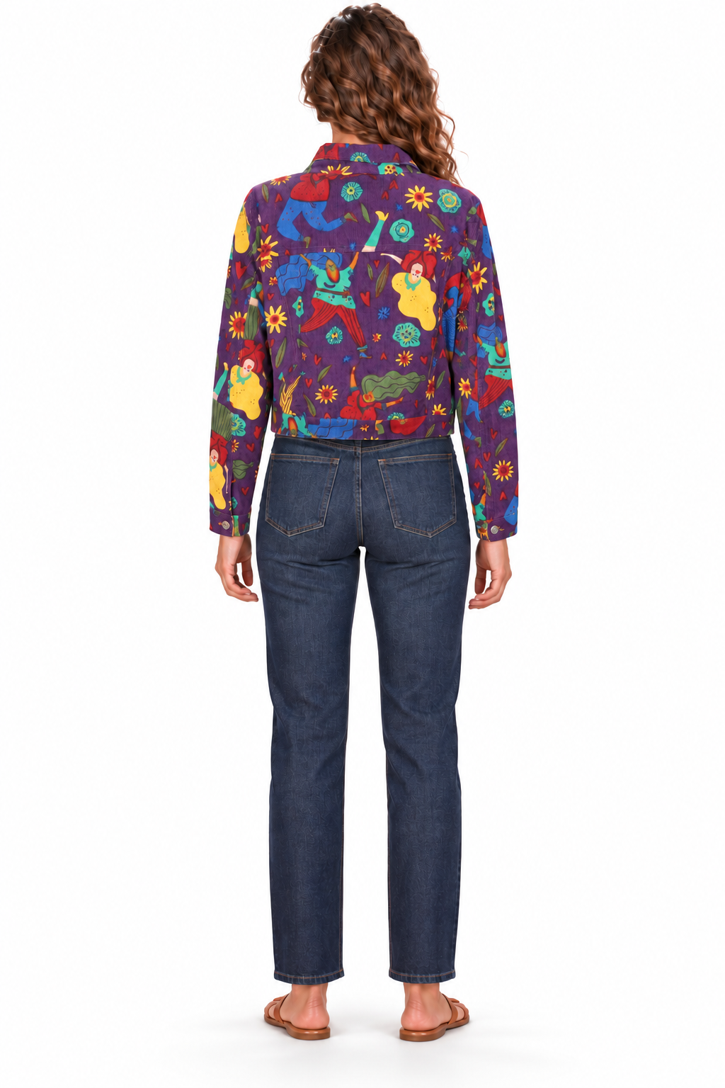 Cropped Corduroy Jacket - Purple Multicolour Abstract Print