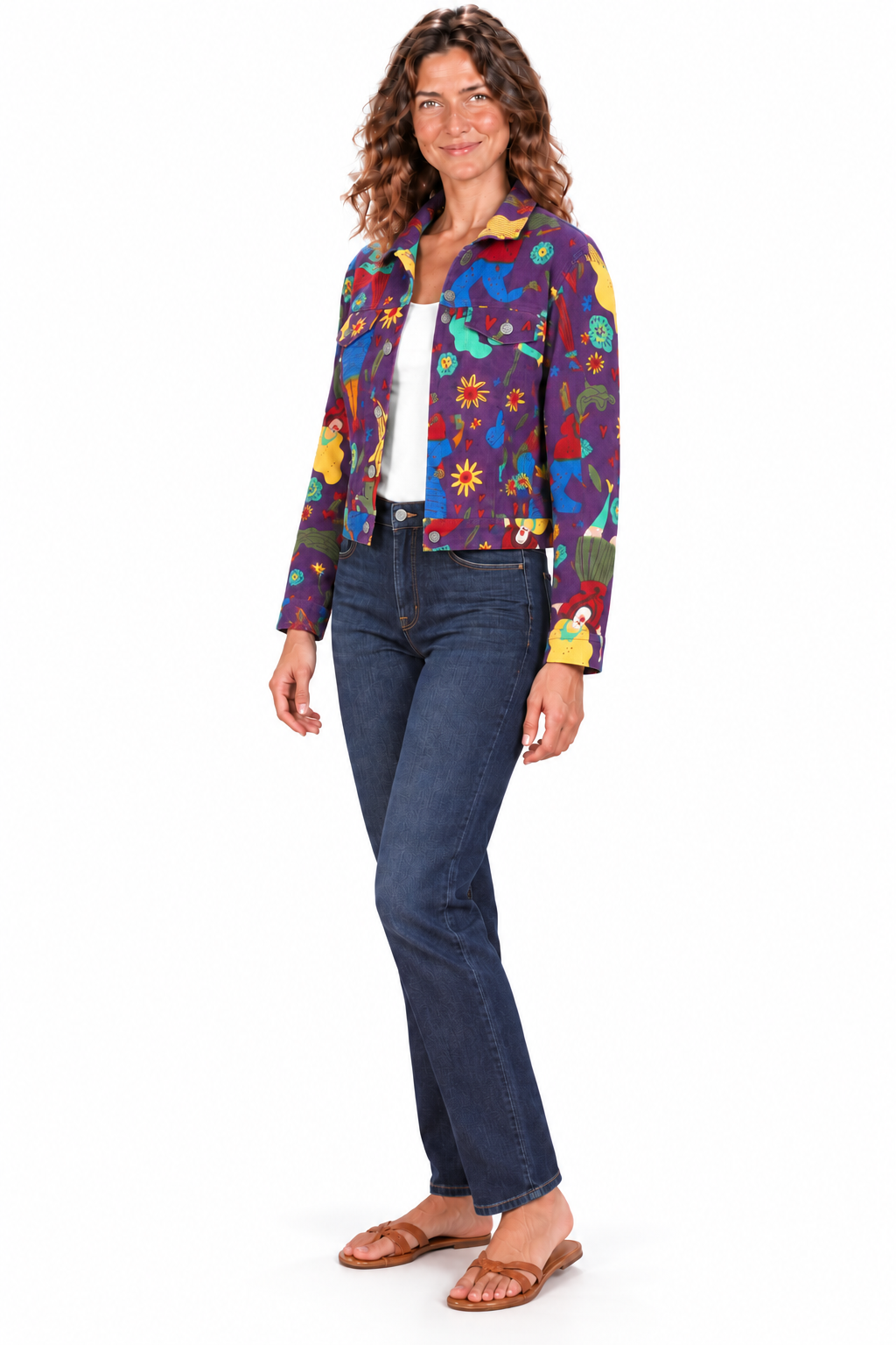Cropped Corduroy Jacket - Purple Multicolour Abstract Print