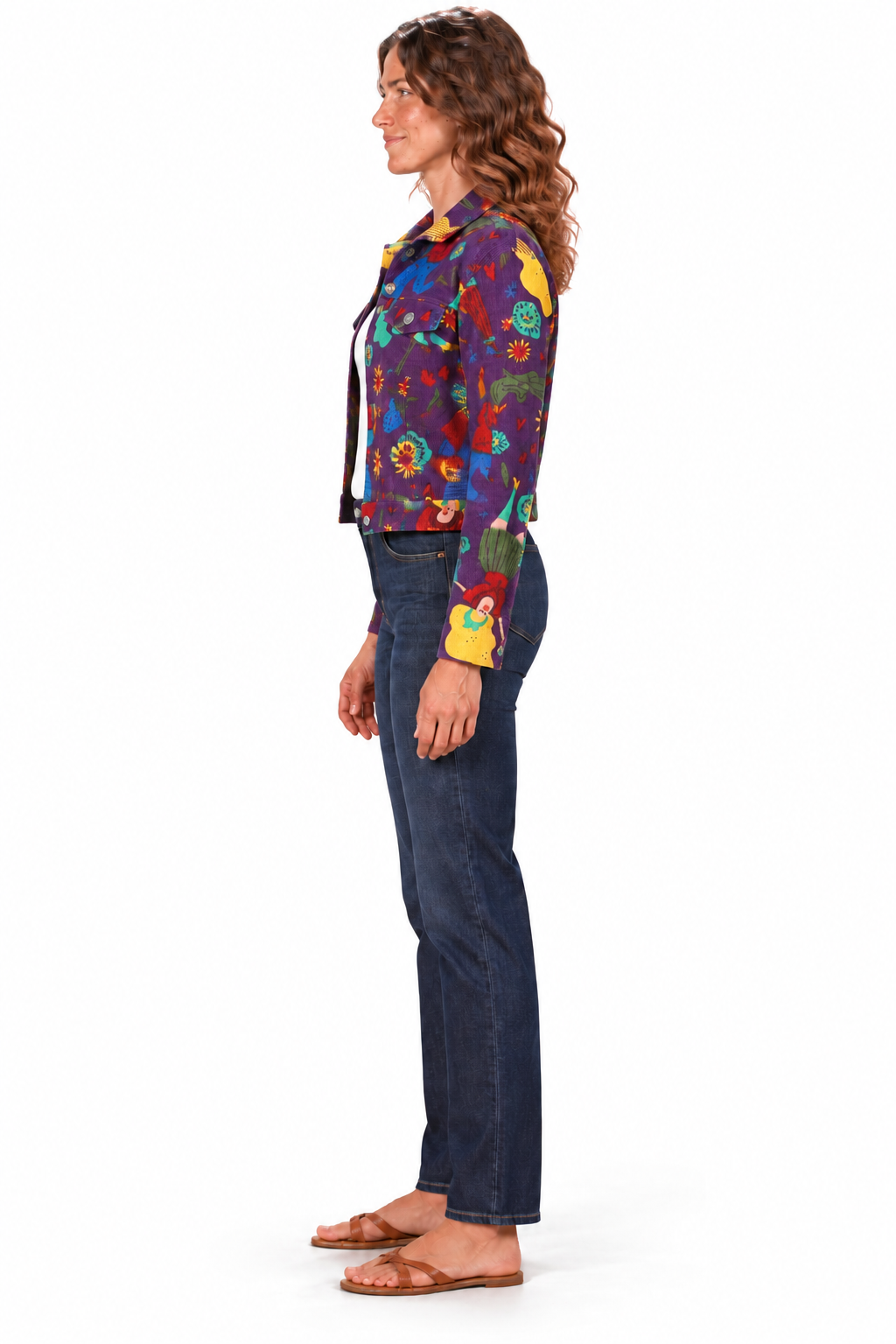 Cropped Corduroy Jacket - Purple Multicolour Abstract Print