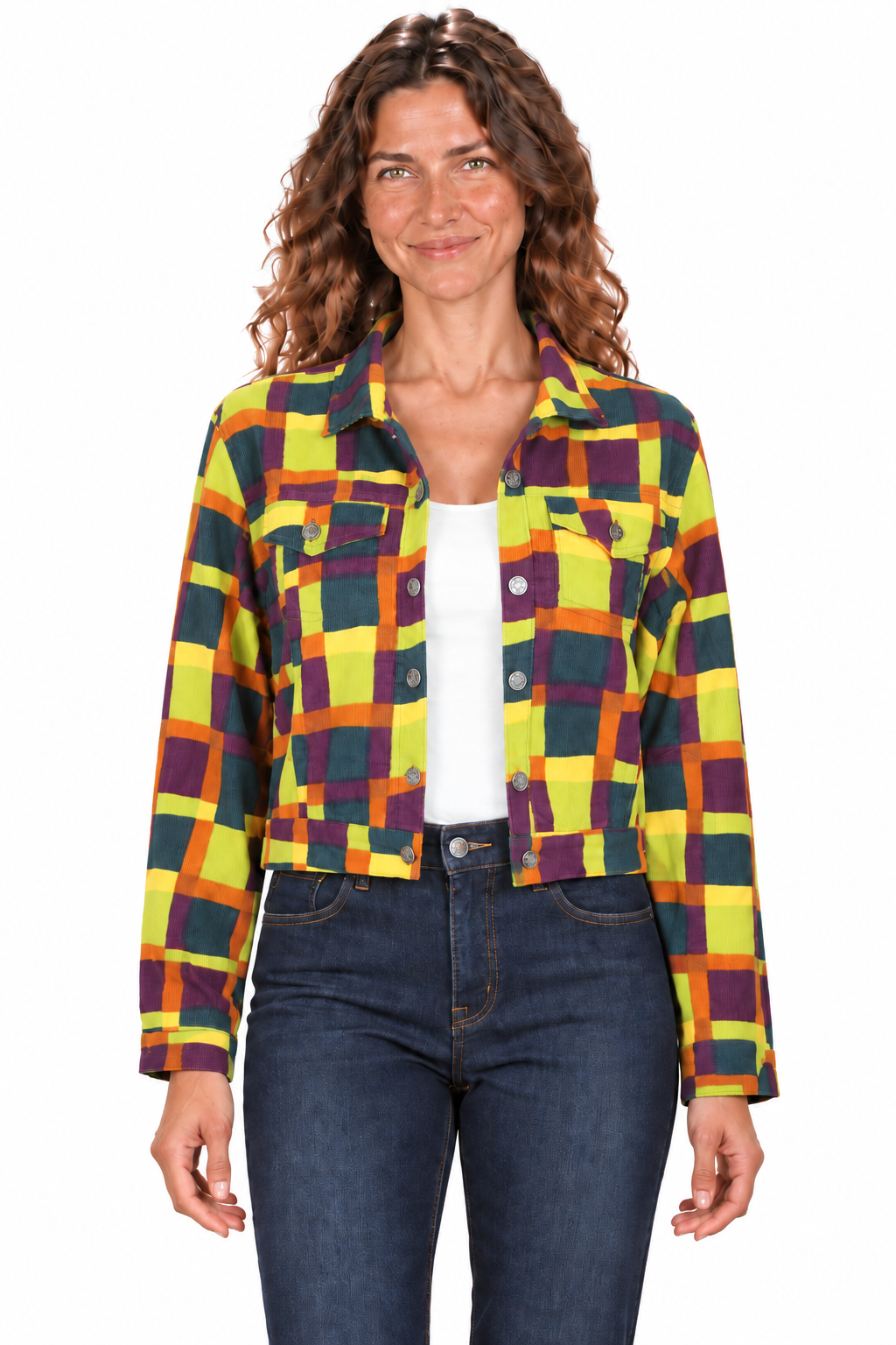 Cropped Corduroy Jacket - Yellow and Green Multicolour Checks