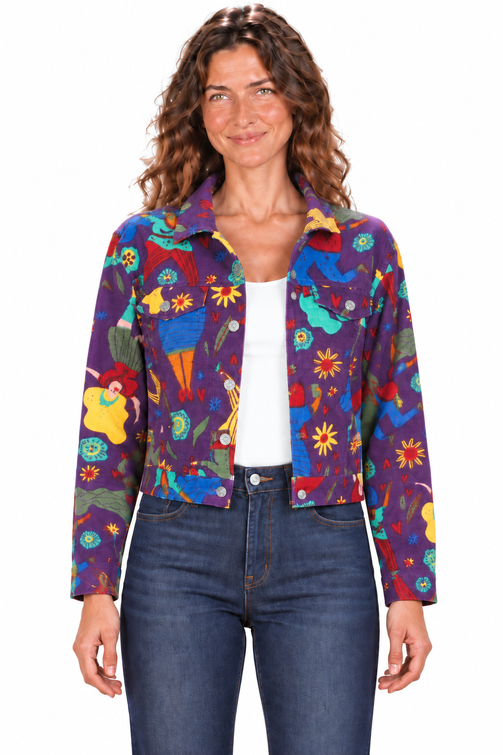 Cropped Corduroy Jacket - Purple Multicolour Abstract Print