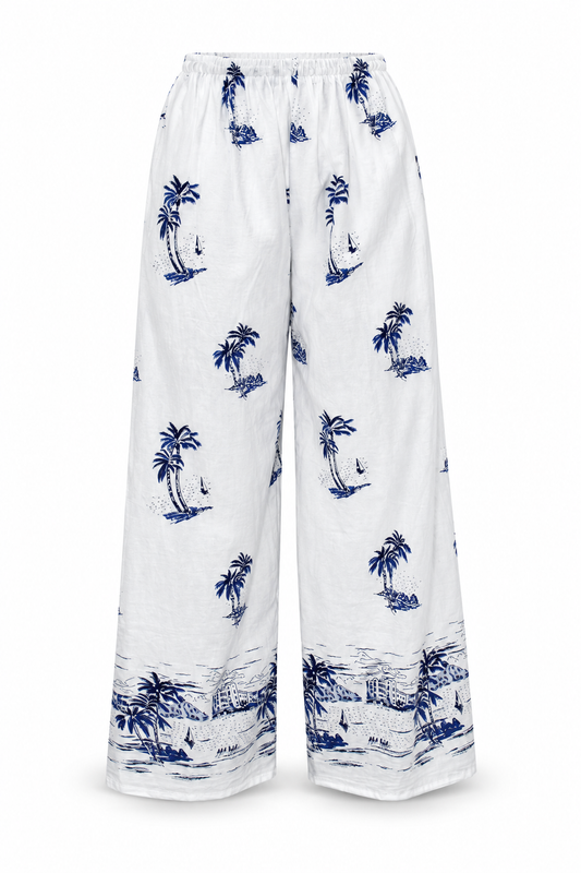 White Blue Palm Print Pants – view 1