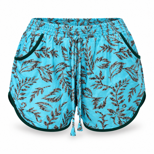 Aqua Leaf-Print Drawstring Shorts