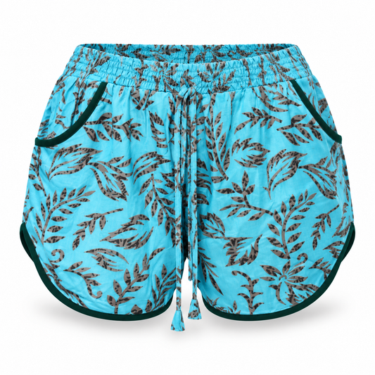 Aqua Leaf-Print Drawstring Shorts – front ghost mannequin
