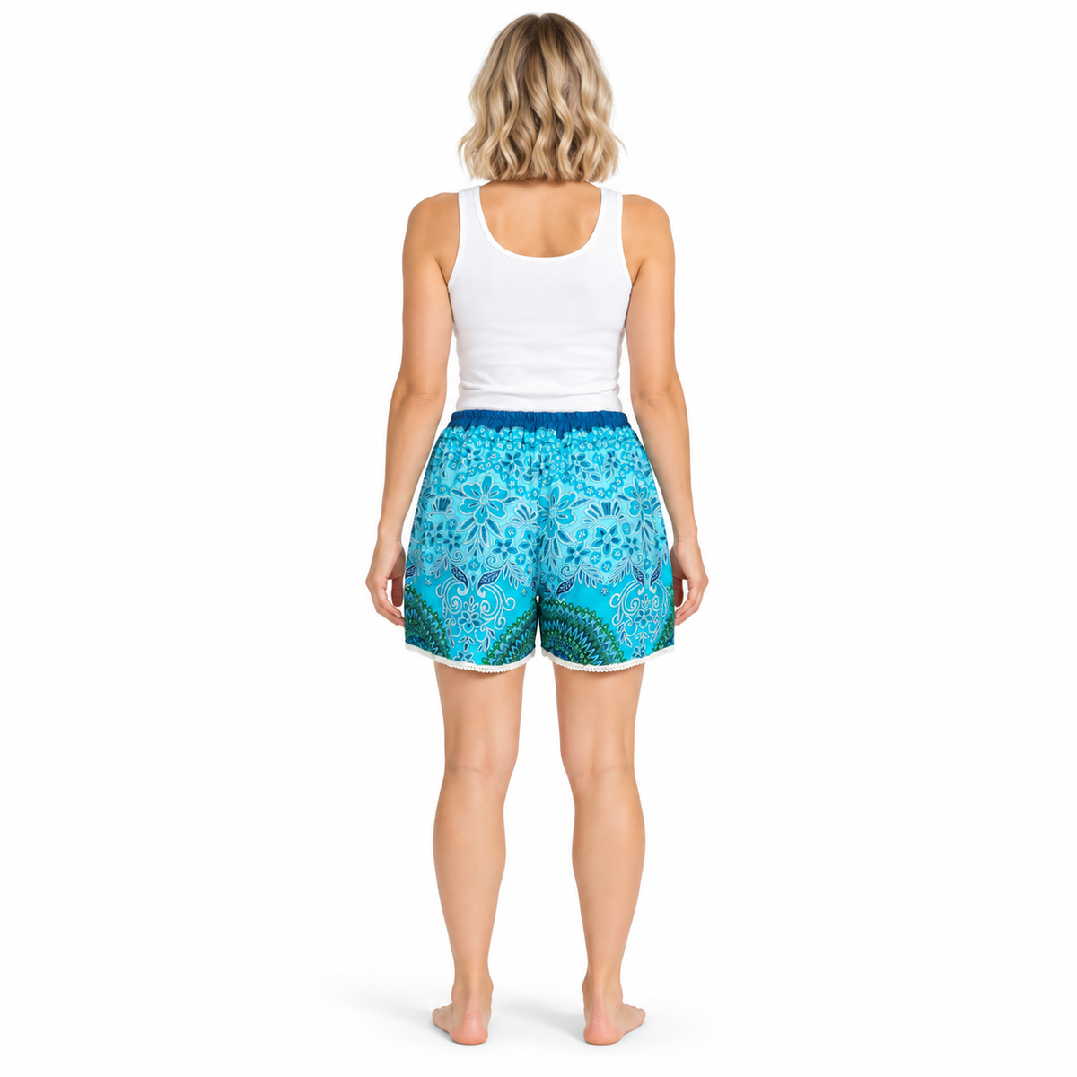 Aqua Paisley Shorts – back model view