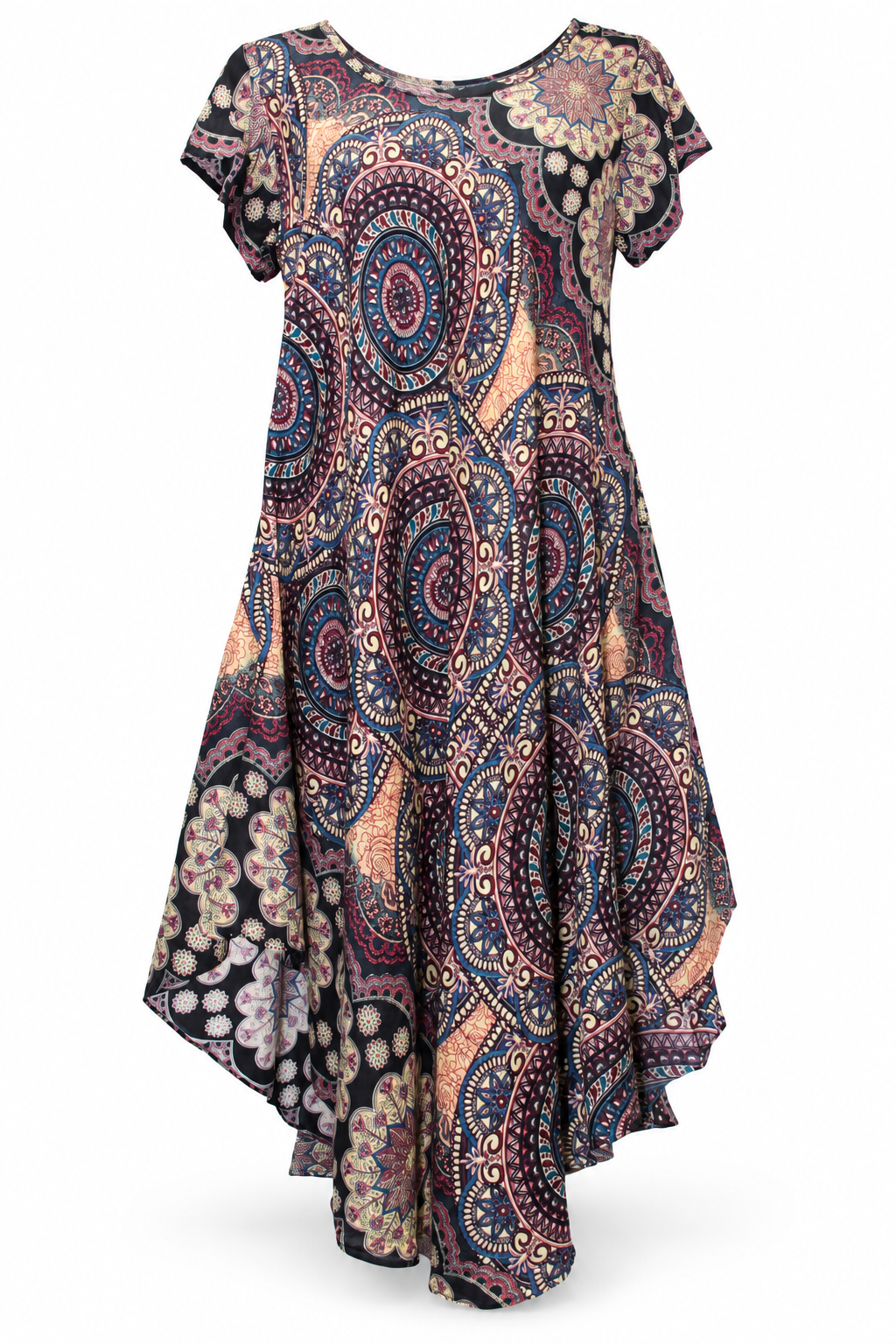 Beach Dress - Short Sleeve - Black Multicolour Mandala - front garment view