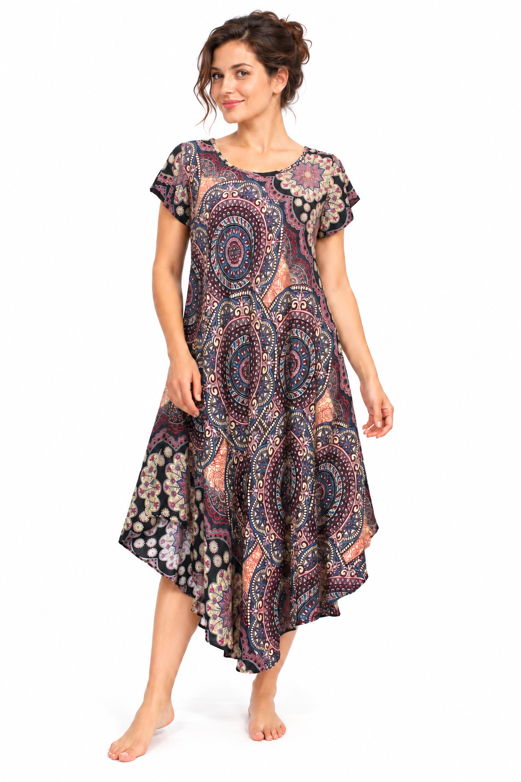 Beach Dress - Short Sleeve - Black Multicolour Mandala - model front