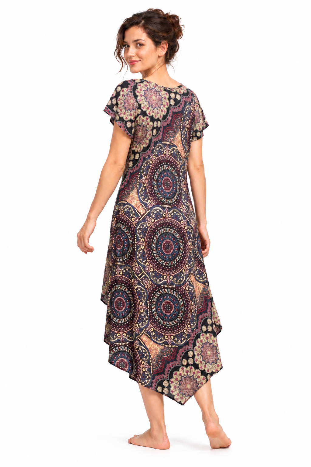 Beach Dress - Short Sleeve - Black Multicolour Mandala - model three-quarter back