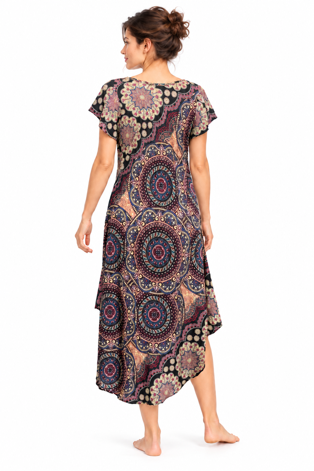 Beach Dress - Short Sleeve - Black Multicolour Mandala - model back