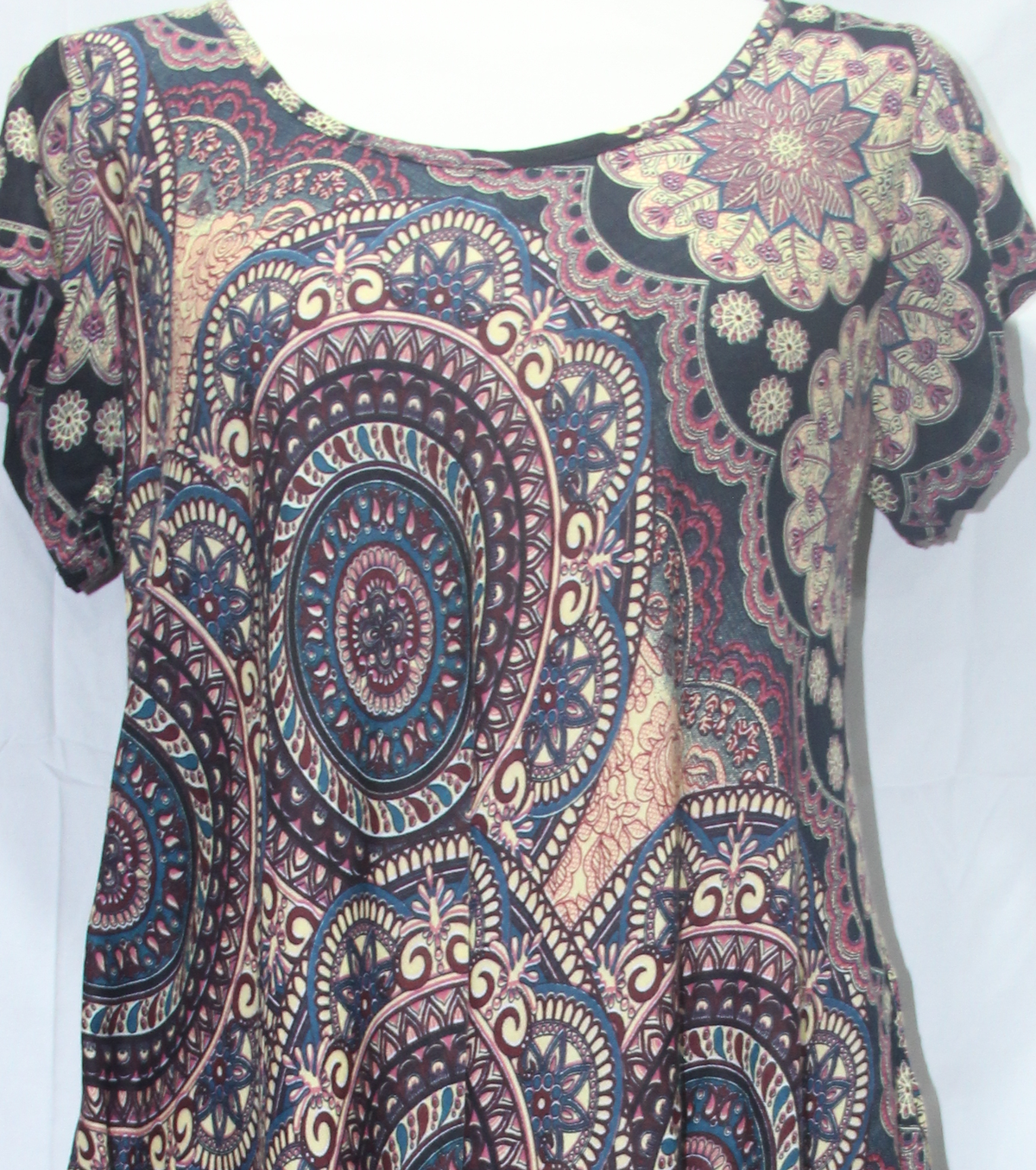 Beach Dress - Short Sleeve - Black Multicolour Mandala - real fabric detail